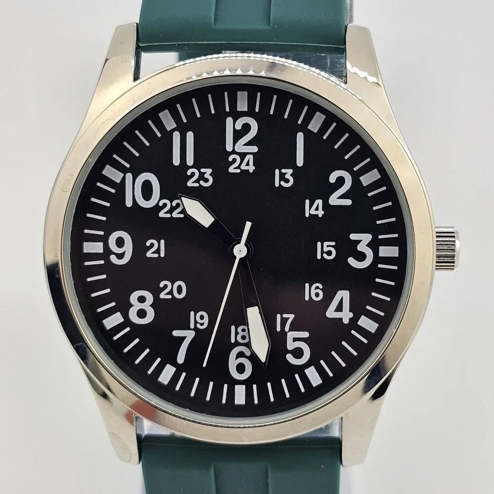 Men's Field Watch 42MM Gray Case Black Dial Dark‎ Green Plastic Band Straps
